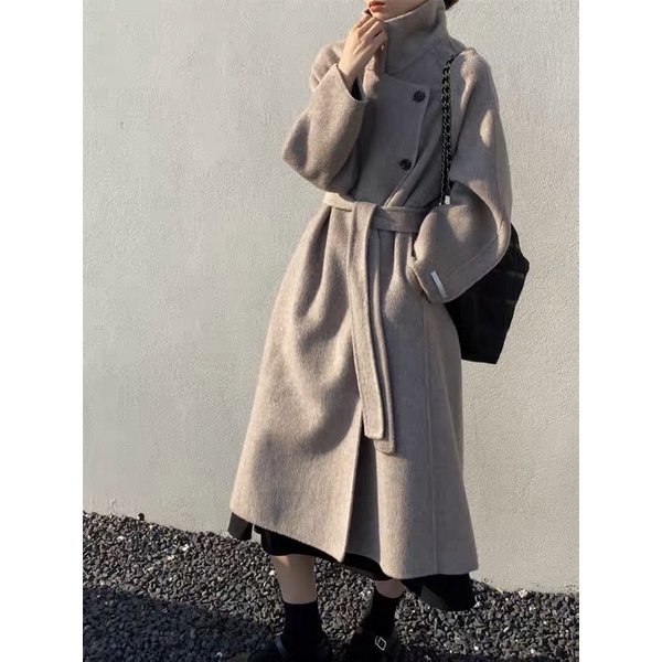 韓國代購🇰🇷 手工羊毛大衣 高級多色大衣 設計師 立領時髦設計垂墜綁帶大衣