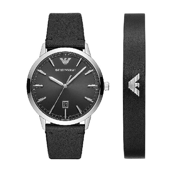 EMPORIO ARMANI 亞曼尼 都會紳士 日期顯示皮帶錶-黑面 43mm /AR80064SET