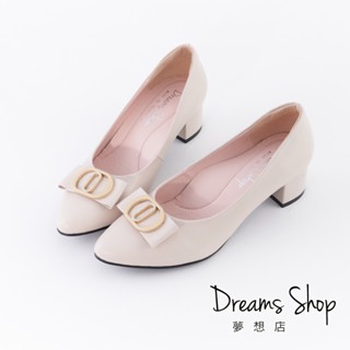 DREAMS SHOP 寬楦氣墊 MIT真皮水鑽金釦尖頭低跟鞋 淺粉【PW9316】大尺碼女鞋37-45