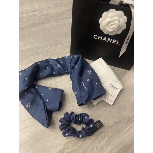 全新真品 Chanel 藍色絲巾 髮圈 組