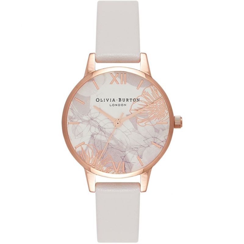 Olivia Burton Abstract Florals質感愛戀花朵奶油白皮帶腕錶-玫金30mm(OB16VM12)