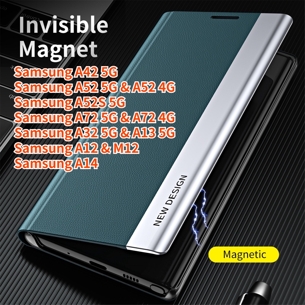 SAMSUNG 翻蓋手機殼適用於三星 A52 5G A52S A14 三星 A12 A13 豪華鏡面皮革錢包支架書套手機