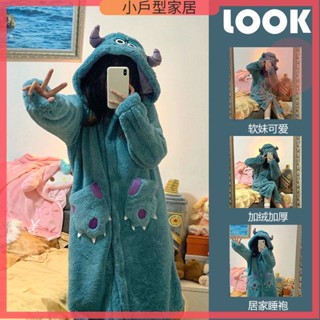 浴袍 珊瑚絨睡袍 家居服 睡衣 睡袍 家居服 可愛情侶睡衣 小怪獸睡衣女秋冬季新款連帽珊瑚絨加厚法蘭絨中長款居家睡袍睡裙