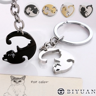 【OBIYUAN】鑰匙圈 一組兩個 鈦鋼 愛心貓 圓型貓 情侶 可組合 禮物 飾品【SR133】