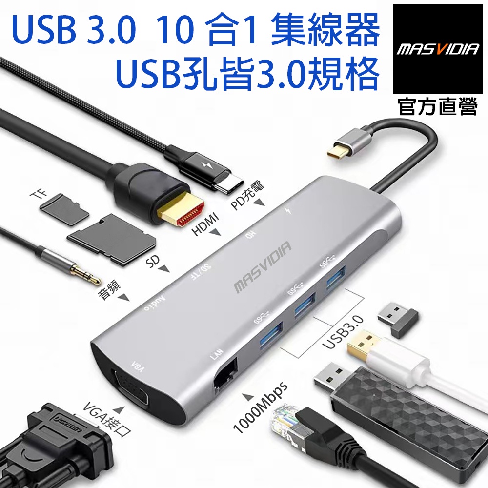 USB Type C 10合一多功能轉接器 USB3.0 PD充電集線器 HDMI轉接頭 MasVidia