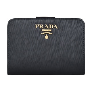 PRADA VITELLO MOVE I金字LOGO水波紋設計牛皮6卡扣式短夾(黑)