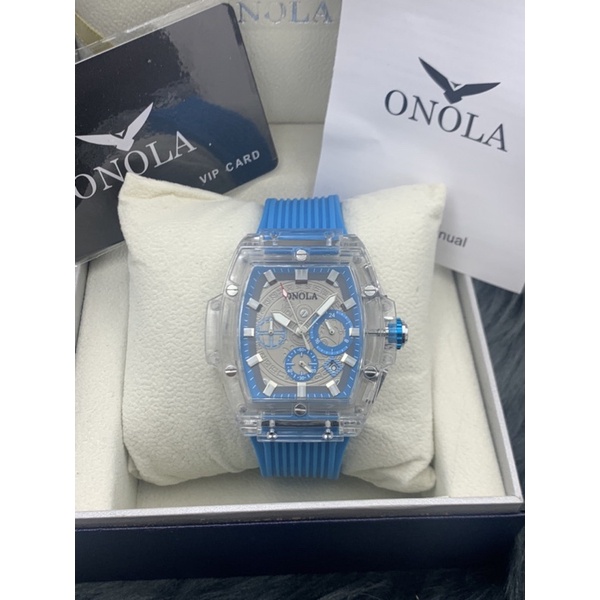 ONOLA 透明錶殼 藍色矽膠錶帶 酒桶手錶