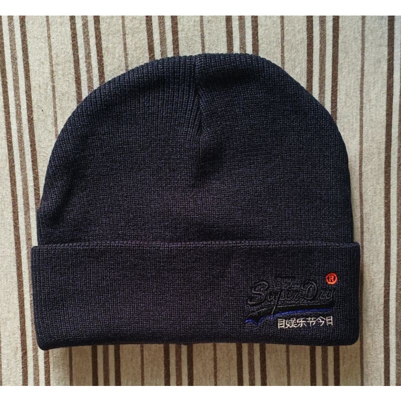 083.  極度乾燥 毛帽 針織帽 Superdry 毛帽 針織帽 毛線帽 刺繡logo 反摺 深藍色 帽子。