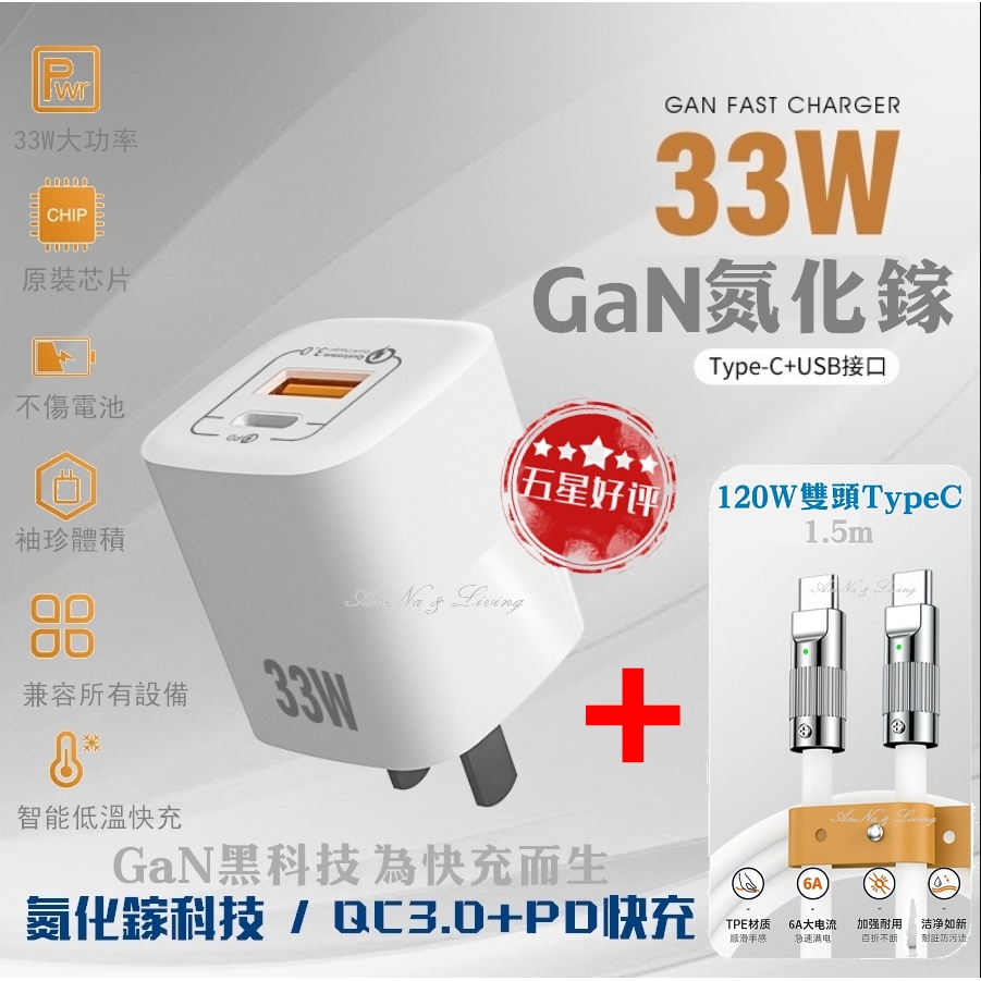 ⭐AnNa⭐12H出貨33W氮化鎵迷你GaN PD+QC 3.0雙孔快速充電器 33W快充頭/雙TypeC數據線120W