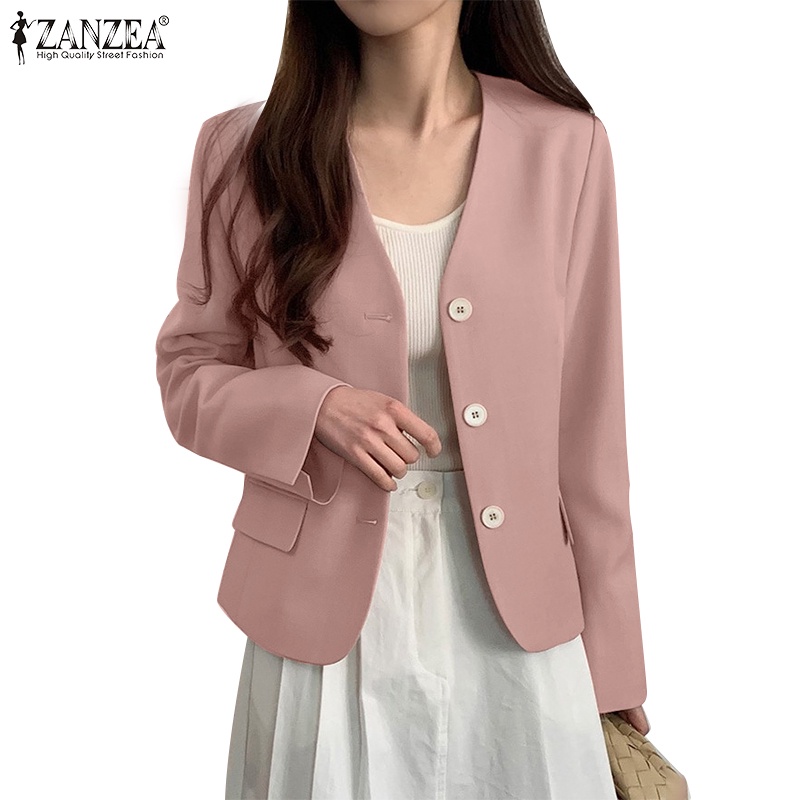 Zanzea 韓國時尚優雅外套女式 V 領長袖袖口開衩西裝外套