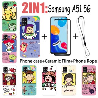 SAMSUNG 2 合 1 三星 A51 5G 手機殼帶鋼化玻璃陶瓷膜螢幕保護膜可愛人物系列