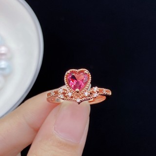 ♥原創新品紅水晶心形簡約18K玫瑰金戒指女生飾品