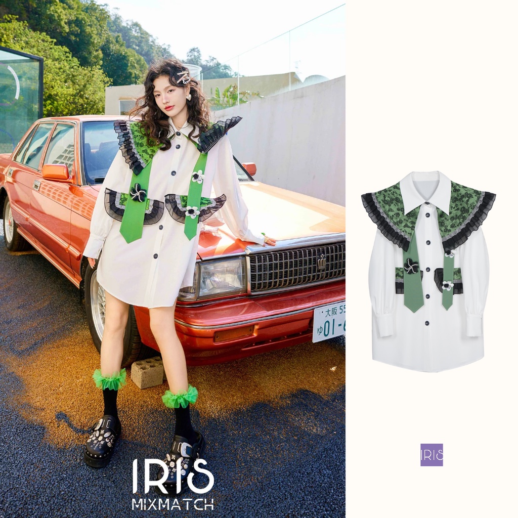 IRIS BOUTIQUE 泰國製造 小眾設計品牌 春新款 碎花木耳邊領撞色長款洋裝女長袖 花朵可拆卸