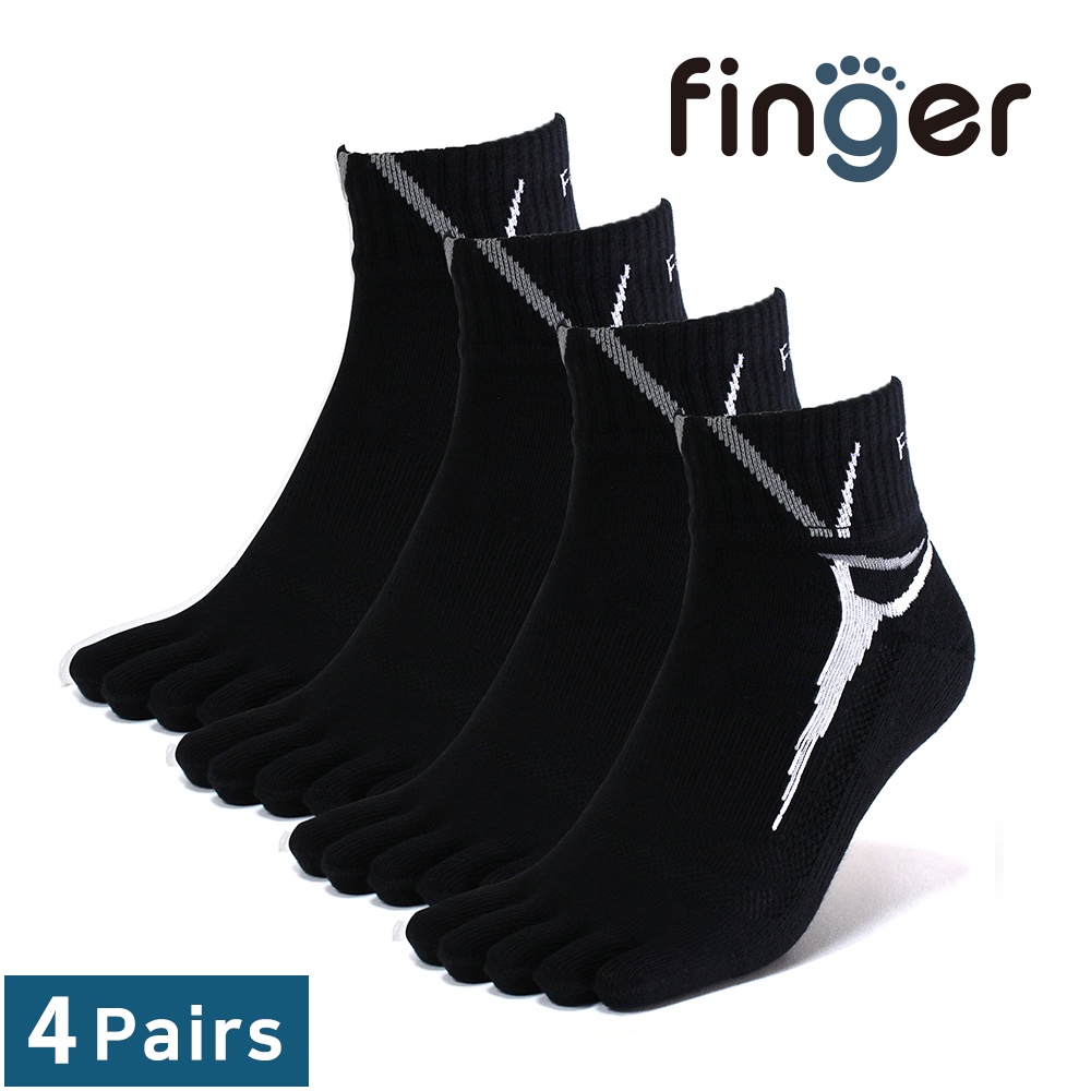 【finger】純棉運動五指襪 男女 4雙入 厚底墊五趾襪 - HoleInOne