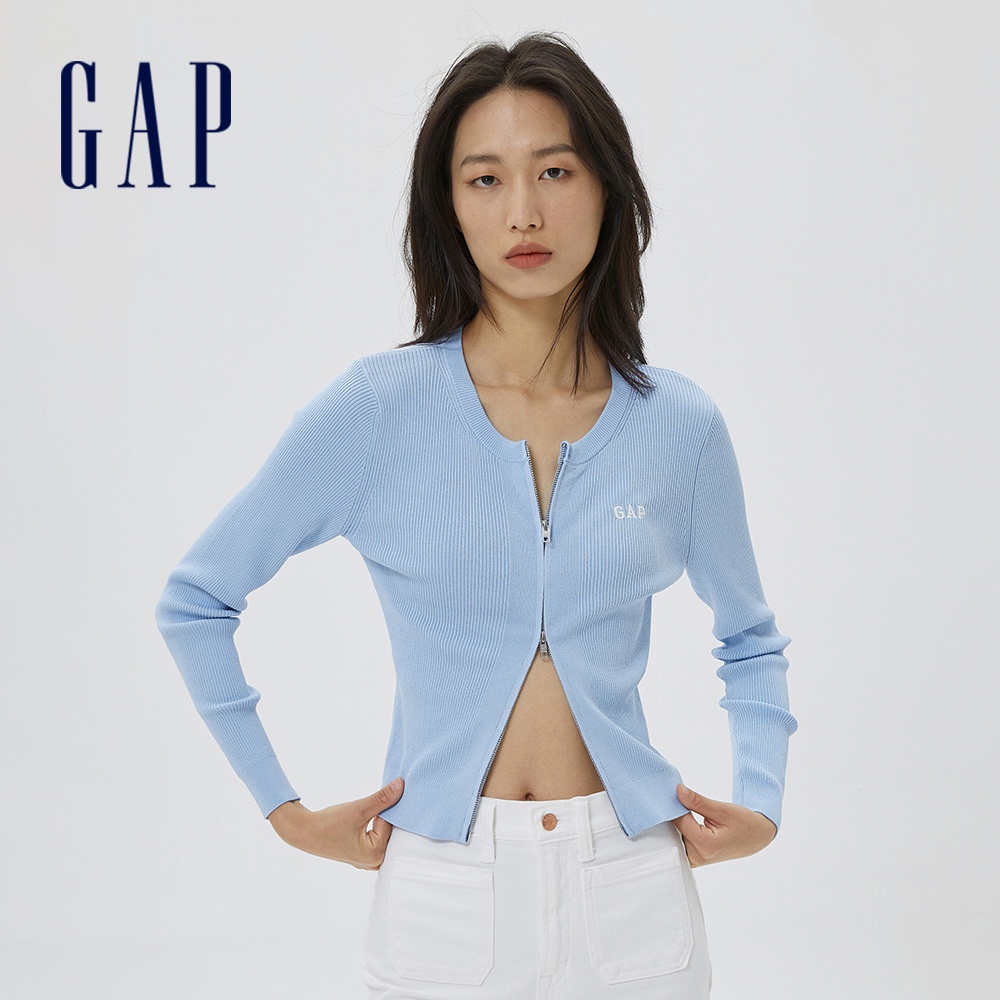 Gap 女裝 Logo羅紋V領拉鍊短版針織外套-灰藍色(613579)