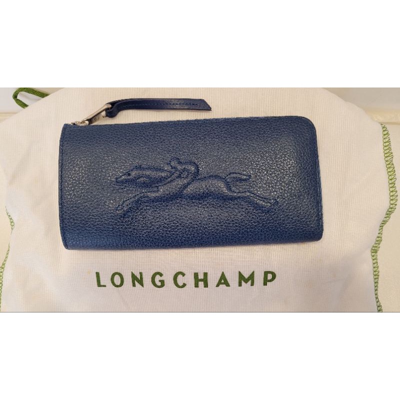 法國原裝[Longchamp ］立體壓印Logo真皮L型拉鏈長夾（寶藍色）