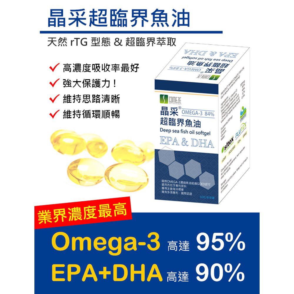 高濃度魚油O-mega3 90%↑(rTG型)EPA+DHA(60份/盒)獲SNQ國家品質標章 晶采超臨界魚油