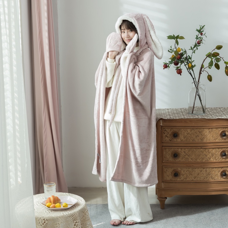 韓版兔耳朵披風毯子 親子款 多功能蓋毯 披肩斗篷 日系斗篷式懶人毯 辦公室午睡毯保暖毛毯披肩蓋毯