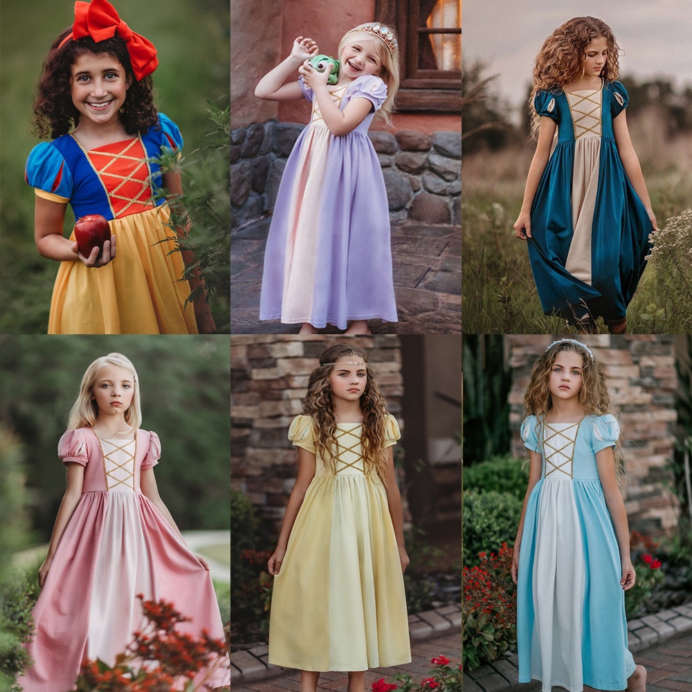 女童服裝迪士尼公主系列針織連衣裙美女公主灰姑娘女孩公主裙白雪公主禮服演出服