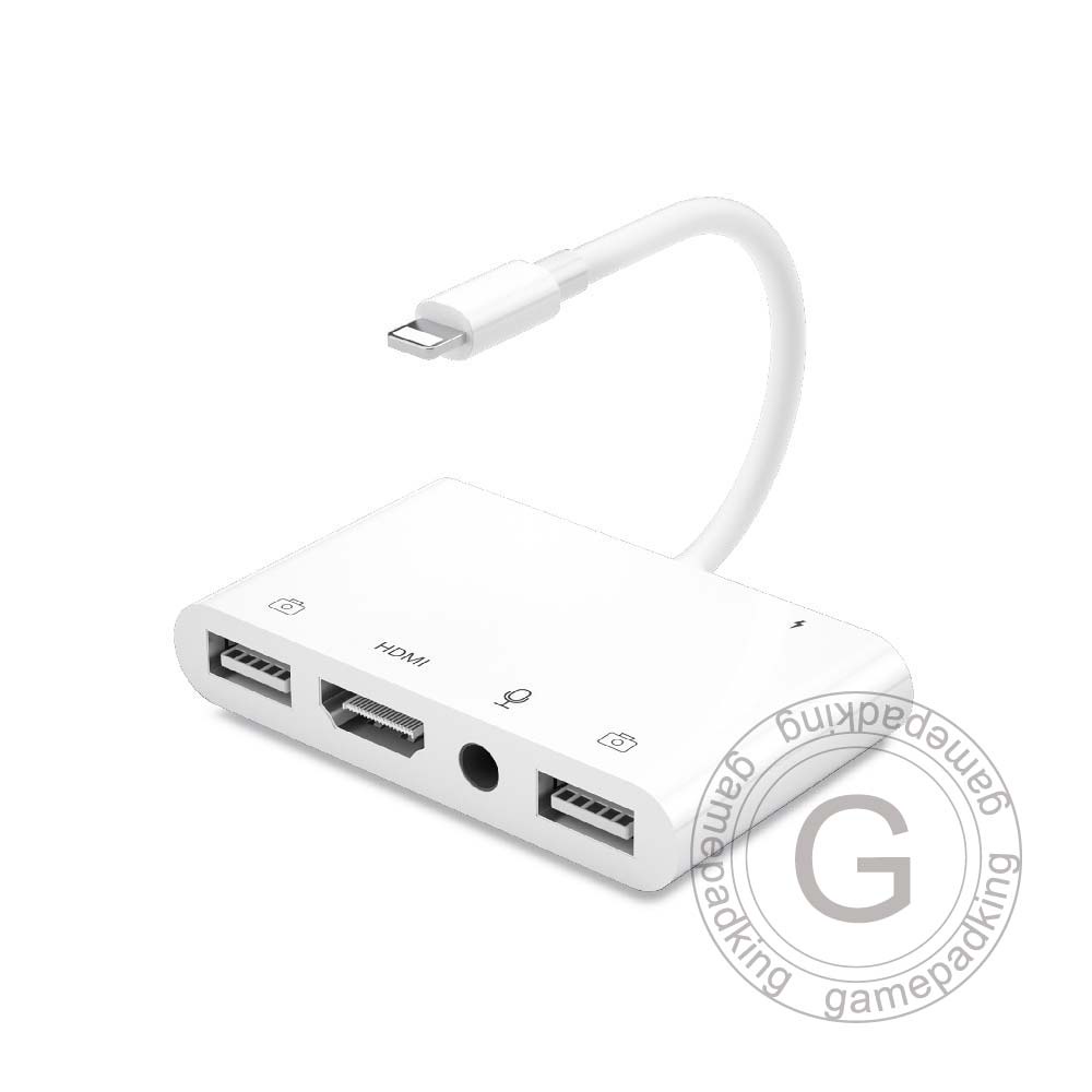 丹尼遊戲 蘋果HUB - Lightning 轉 3.5音源+HDMI+2USB五合一轉接器-隨插即用輕巧好攜帶