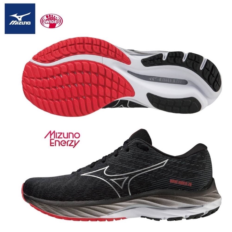 【MIZUNO 美津濃】 WAVE RIDER 26 男款寬楦慢跑鞋 黑色 J1GC220452 尺寸:26.5CM