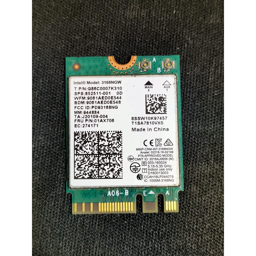 Intel AC 3168 NGW 筆電 雙頻無線網卡(11AC 433M/藍牙4.2)/M.2/NGFF