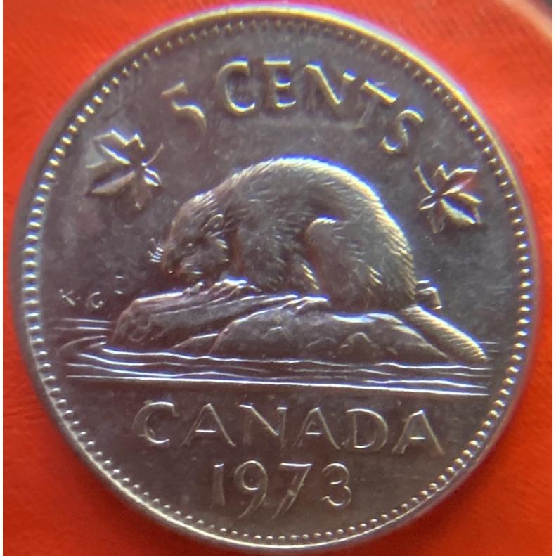 美洲錢幣、加拿大🇨🇦流通硬幣一枚（舊）、（F0329）、5分（21.21mm)、鎳（4.54g)、1973年。