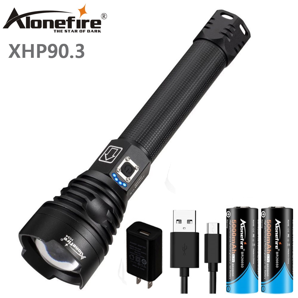 Alonefire H34 XHP90 可伸縮變焦強光手電筒 USB直充 電量顯示防水戶外燈P90燈珠