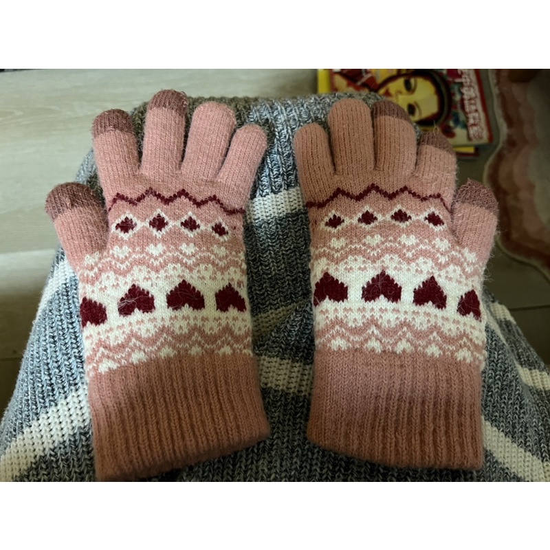 二手_內鋪毛 粉色 愛心 超可愛 保暖手套