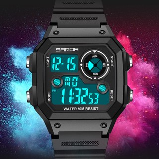 附發票【專櫃正品 禮盒裝】SANDA方形潮流時尚2024新款電子表防水夜光運動男表數字式學生腕錶進口機芯非機械錶生日禮物