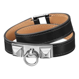 Hermès  愛馬仕 雙圈鉚釘皮質手環（黑銀）Rivale Double Tour Bracelet