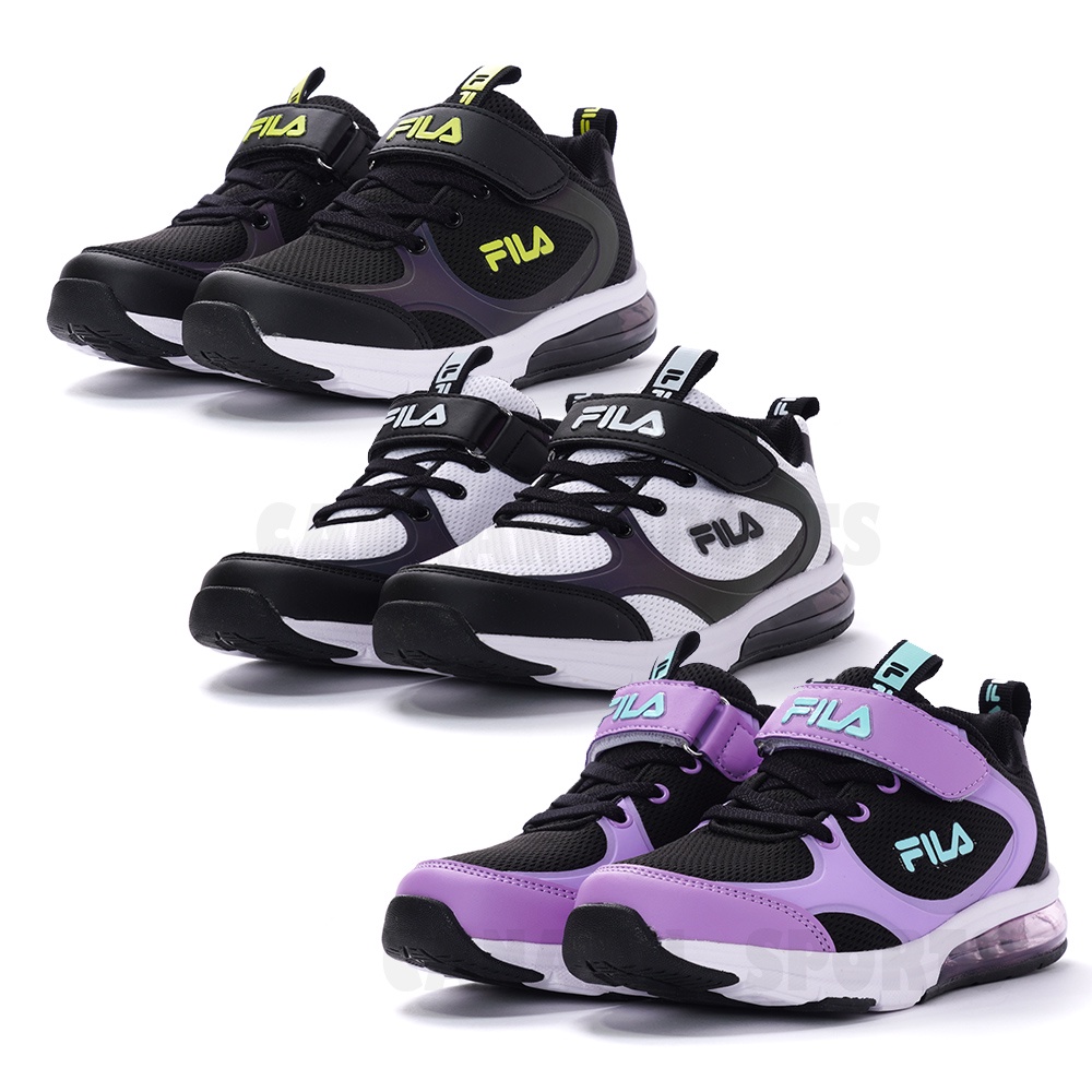 FILA KIDS 氣墊運動鞋 童鞋 大童鞋 霓虹反光 康特杯 3-J415X-006黑色 011白黑色 093黑紫色