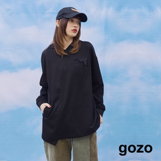 【gozo】➤造型鋸齒口袋長版帽T(黑色/米色_F) | 女裝 百搭 休閒