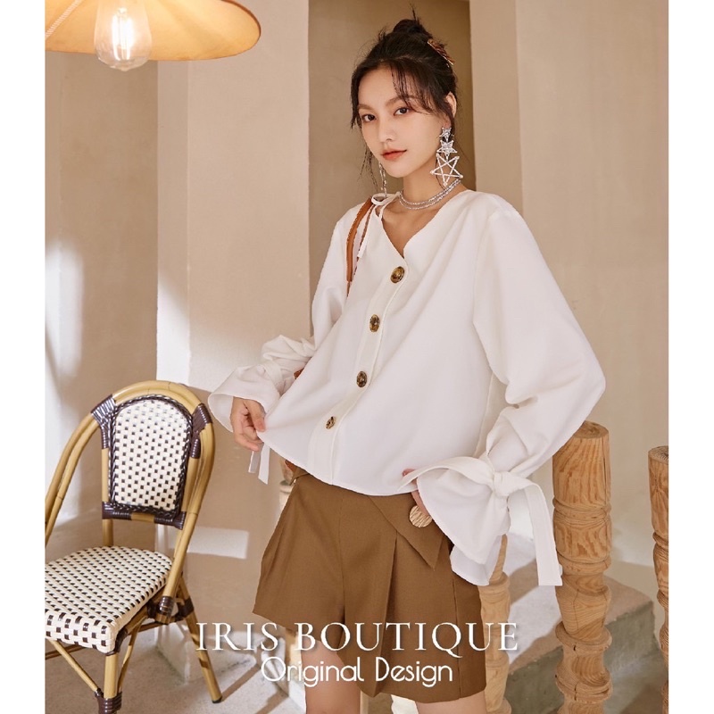 泰國品牌 iris 設計師款 小眾綁帶襯衫 長袖襯衫 白色