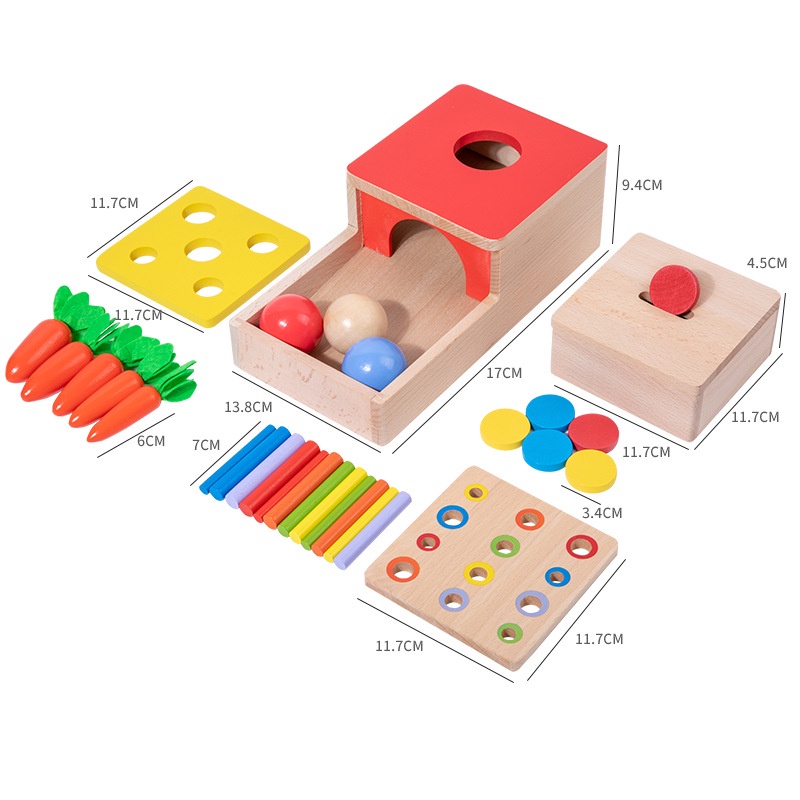 四合一蒙氏教具 抽屜投幣盒 木製圓球盒 目標盒 精細動作拔蘿蔔玩具