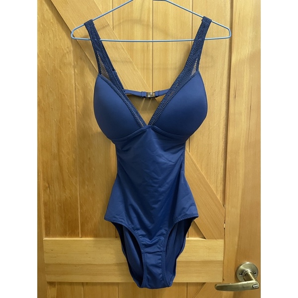 Qmomo 深V性感挖腰顯瘦連身泳衣（藍）XL