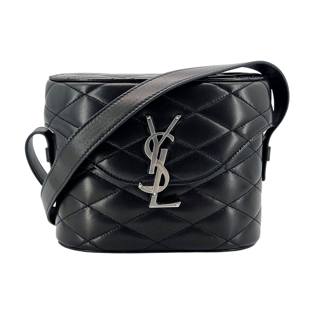 YSL JUNE 品牌銀logo絎縫小羊皮掀蓋箱形斜背包(黑)