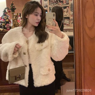 羊羔毛外套女超短版仿兔毛圓領小香風加厚毛毛大衣棉服溫柔風 韓國jacket women 大尺碼 韓版加厚 B2PA