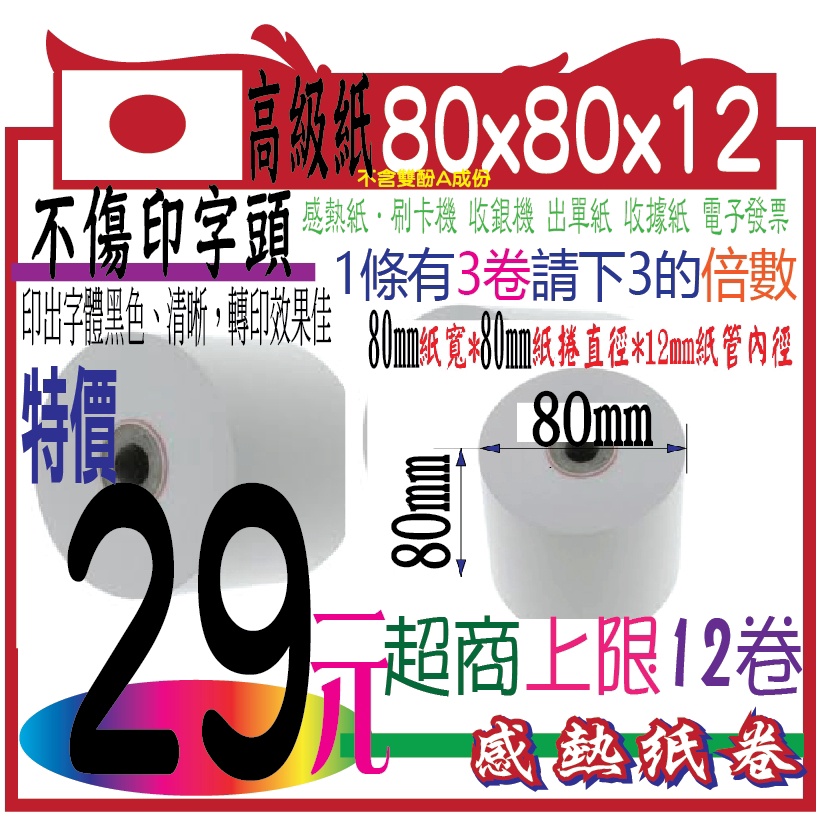 商業結帳機用....POS熱感應紙捲    POS熱感應紙捲80x80x12 -1  熱感紙卷 感熱紙卷 出單紙 出票紙