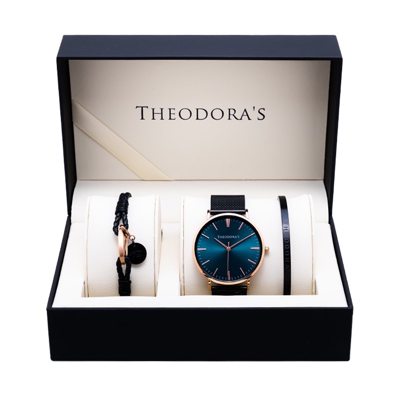 【THEODORA'S】手錶飾品1+2禮盒-男女款 Hera 金屬手錶 湖水綠面-米蘭黑【希奧朵拉】