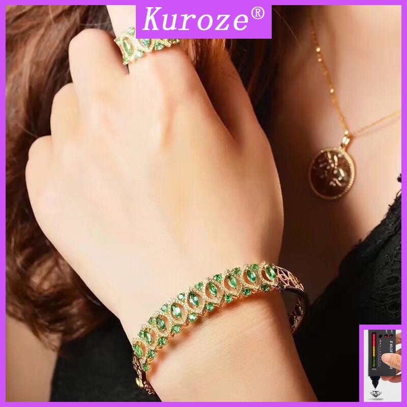 Kuroze 時尚奢華新款鍍18k黃金鑲嵌祖母綠莫桑鑽石手鐲手環