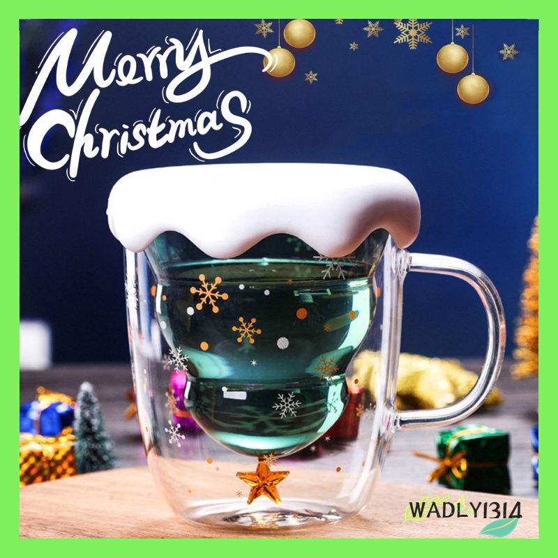【WADLY1314】3D聖誕樹星星許願雙層玻璃杯真空牛奶咖啡杯聖誕新年禮物