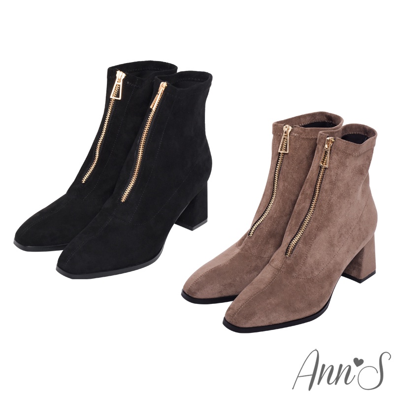 Ann’S防水絨布前拉鍊貼腿粗跟短靴5cm(兩色)