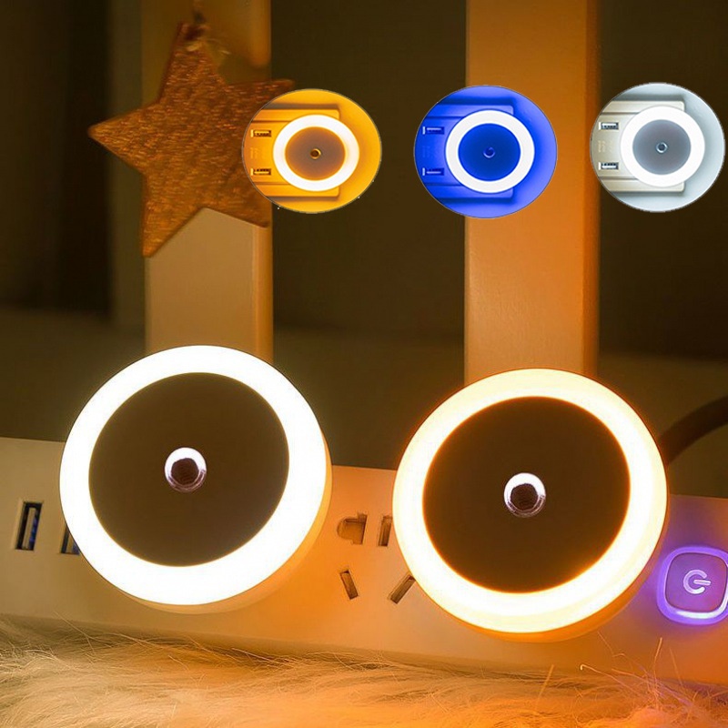 實用插頭式小led小夜燈節能床頭插座燈圓形智能光控感應燈方便歐規美規小夜燈