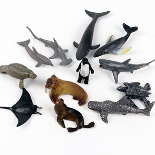 ✌限时熱銷✌仿真迷你海洋動物玩具場景擺件模型 巨齒鯊虎鯨藍鯨大白鯊企鵝海豚模型玩具 場景裝飾模型