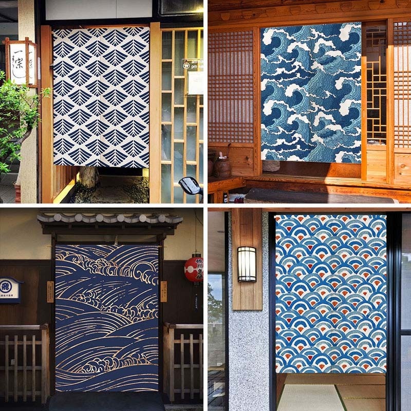 日式簡單花紋浮世繪海浪門簾藝術廚房隔斷遮擋簾免打孔