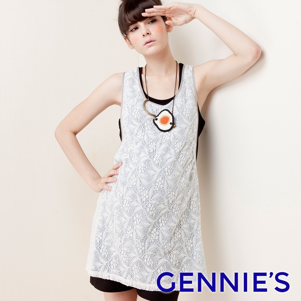 【Gennies 奇妮】蕾絲挖背長版背心上衣-粉/藍(G3322)
