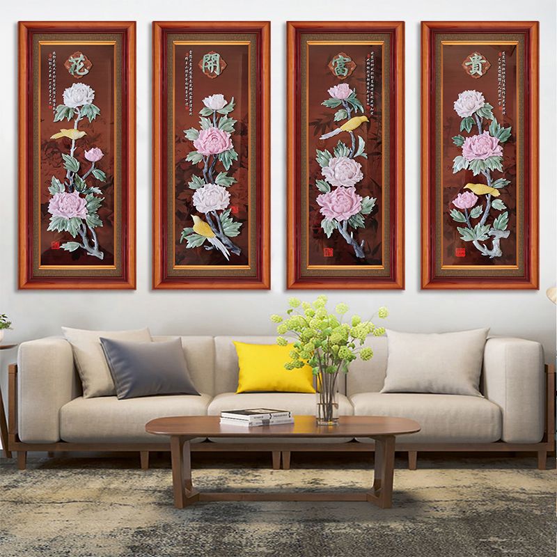 墻壁裝飾掛畫，中式客廳沙發背景牆裝飾立體浮雕畫梅蘭竹菊條屏玉雕壁畫實木掛畫