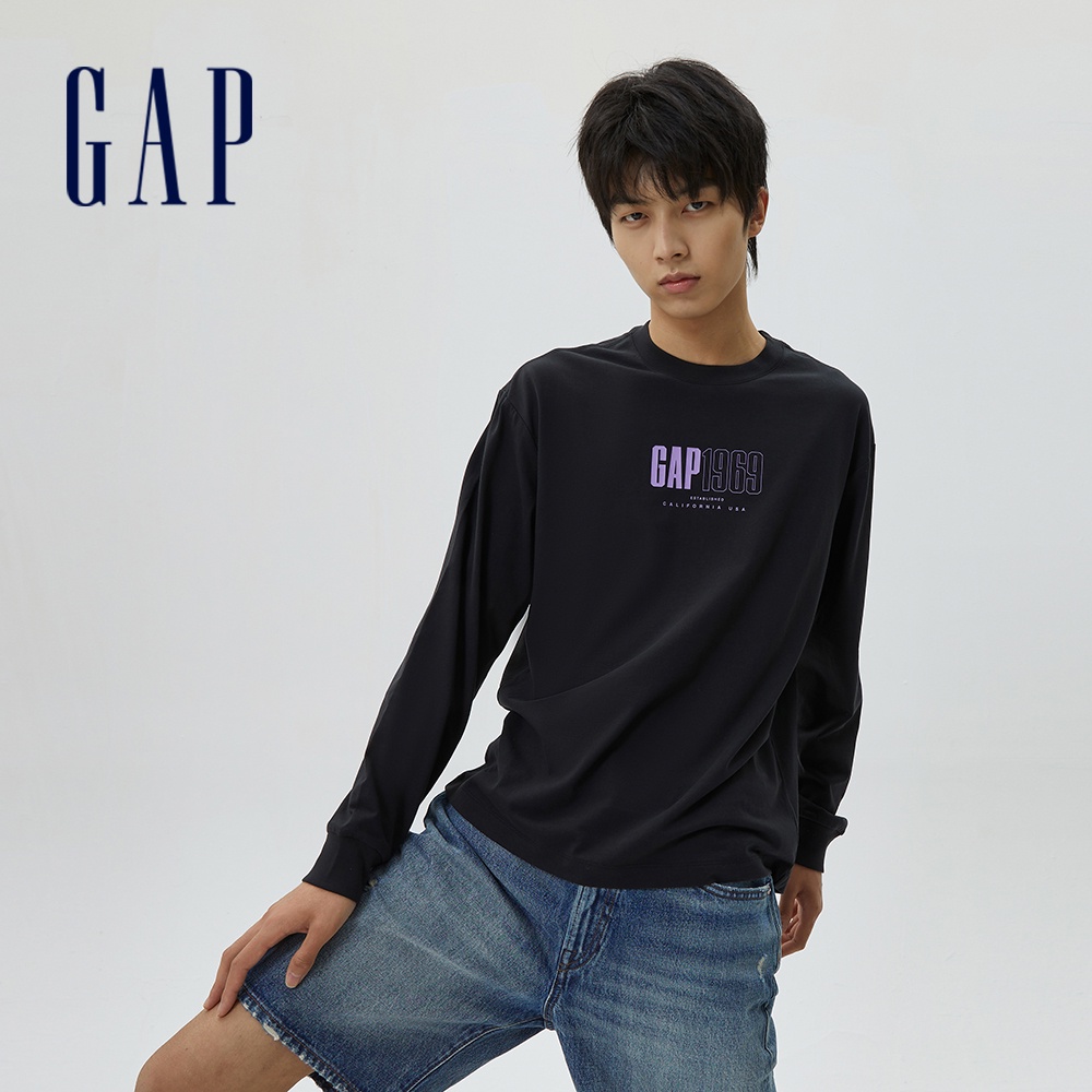 Gap 男裝 Logo純棉運動長袖T恤 厚磅密織親膚系列-黑色(598811)
