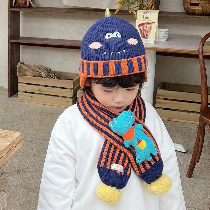 1-5歲 兒童百搭保暖毛帽+圍巾兩件組 冬季嬰兒帽子 男童女童卡通針織護耳帽 寶寶毛線帽 現貨 快速出貨